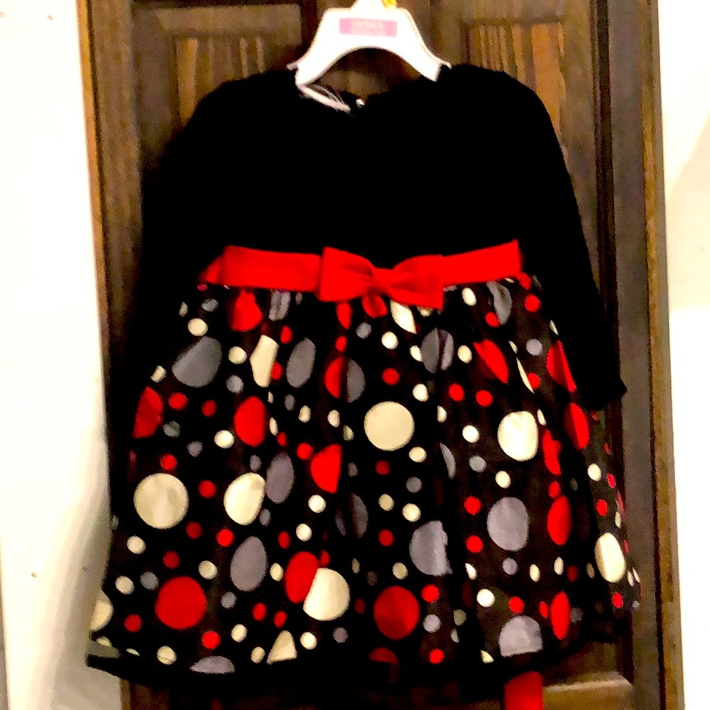 Black long sleeve velvet top with red ribbon and polka dots dress 24 mos